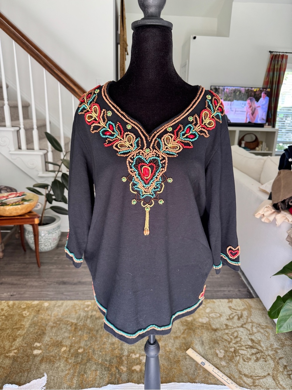 Y2K Queen Factory Black Long-Sleeve V-Neck Top with Multicolor Beaded Embroidery